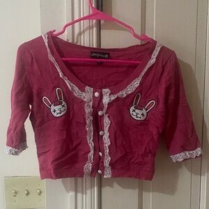 Sourpuss Hot Pink Knit Crop Cardigan with Embroidered Zombie Bunny Patches